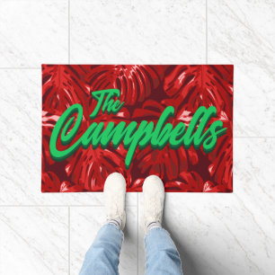 Tropical Red Green Leaves Family Name Christmas Doormat