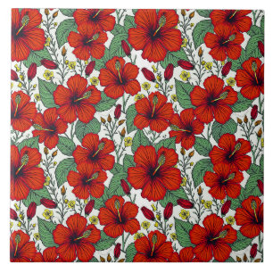 Tropical Red Hibiscus Botanical Tile