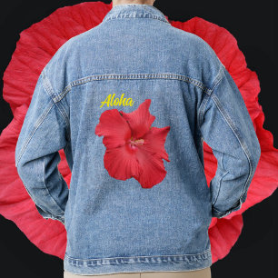 Tropical Red Hibiscus Flower Hawaiian Aloha Denim Jacket