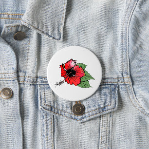 Tropical Red Hibiscus Flower with Green Leaves  7.5 Cm Round Badge