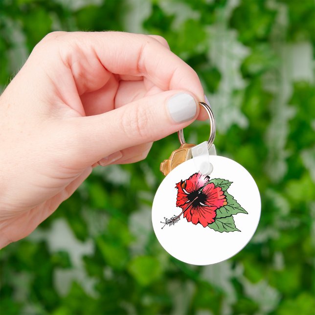 Tropical Red Hibiscus Flower with Green Leaves  Key Ring (Creator Uploaded)