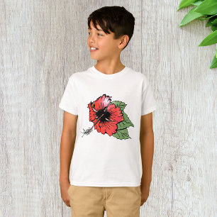 Tropical Red Hibiscus Flower with Green Leaves  T-Shirt
