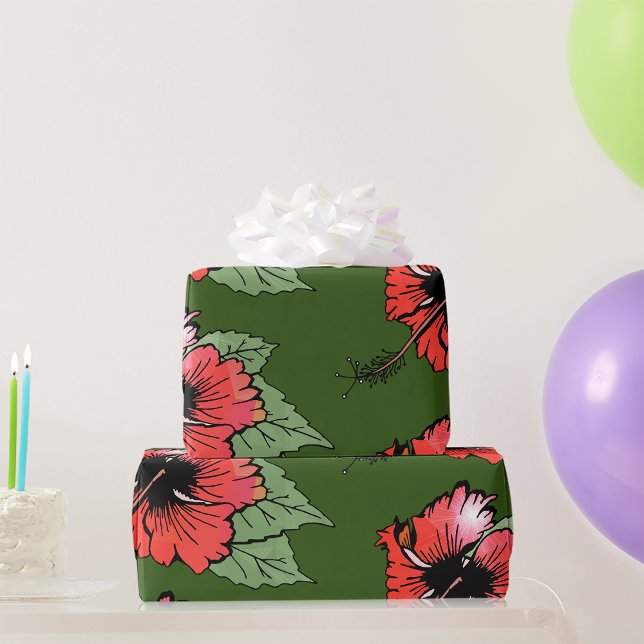Tropical Red Hibiscus Flower with Green Leaves  Wrapping Paper (Creator Uploaded)