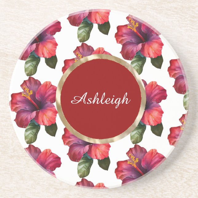 Tropical Red Hibiscus Flowers  Coaster (Front)