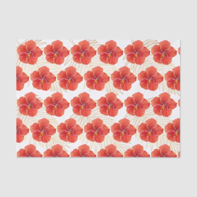 Tropical Red Hibiscus Flowers & Gold Palm Leaves Tissue Paper (Front)