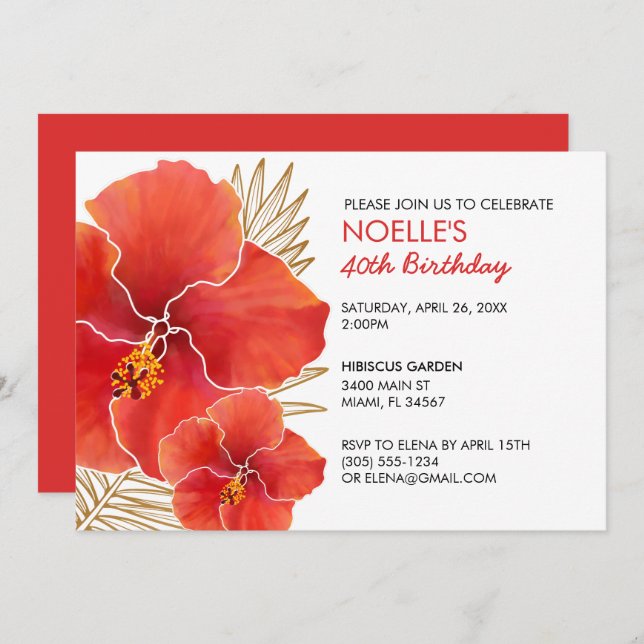 Tropical Red Hibiscus & Gold Leaf 40th Birthday Invitation (Front/Back)