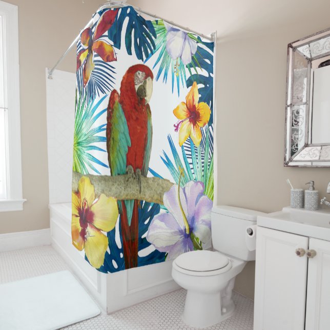 Tropical Red Macaw Parrow Yellow Teal Floral Beach Shower Curtain (In Situ)