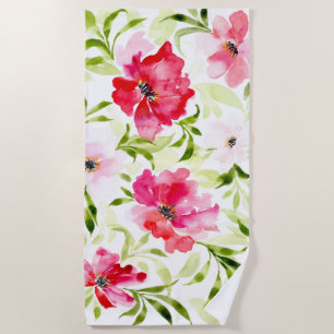 Tropical red pink floral botanical beach towel