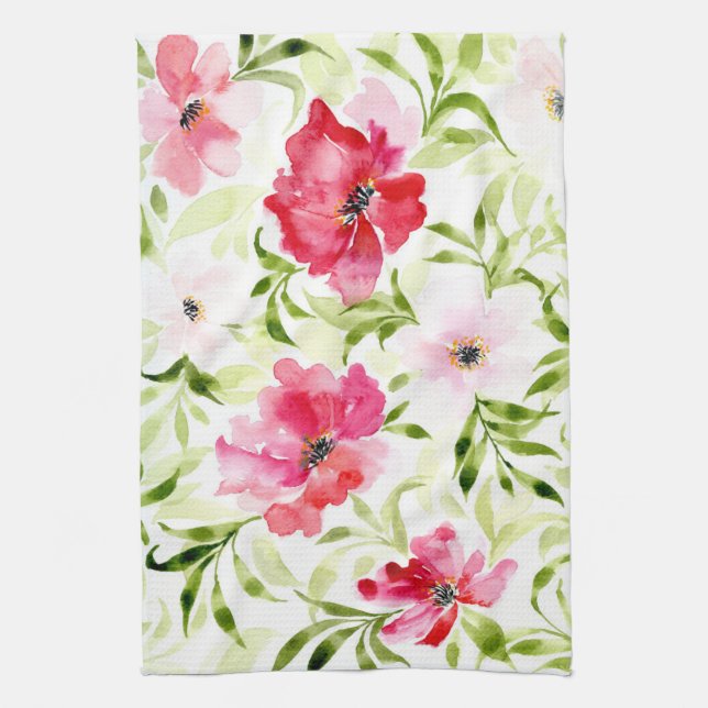Tropical red pink florals botanical tea towel (Vertical)