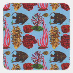 Tropical Red Sea Coral Reef Ocean Fish Watercolor Square Sticker