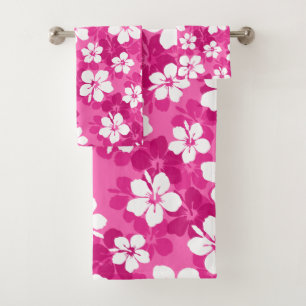 Tropical Red Violet White Hibiscus Flower Pattern Bath Towel Set