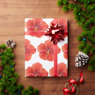 Tropical Red Watercolor Hibiscus Flowers Wrapping Paper