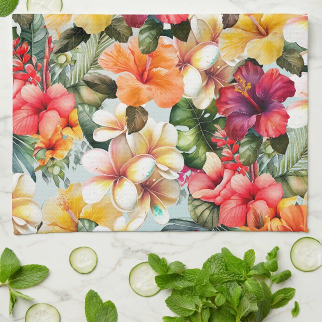 Tropical Red White Yellow Mint Hibiscus Floral Tea Towel (Folded)