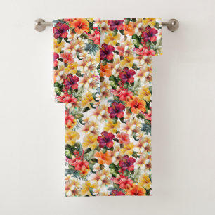 Tropical Red White Yellow Orange Hibiscus Floral Bath Towel Set