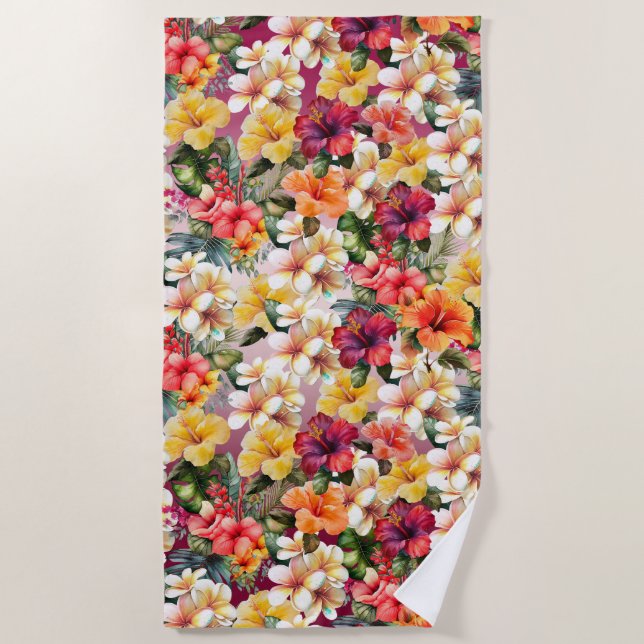 Tropical Red White Yellow Orange Hibiscus Floral Beach Towel (Front)