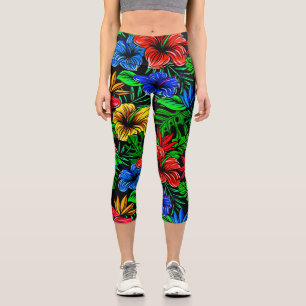 Tropical Red Yellow Blue Hibiscus Flower Capri Leggings