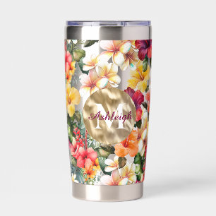 Tropical Red Yellow Hibiscus Flowers Monogram Insulated Tumbler