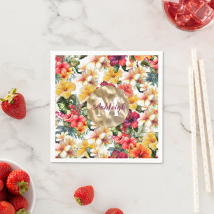 Tropical Red Yellow Hibiscus Flowers Monogram Napkin