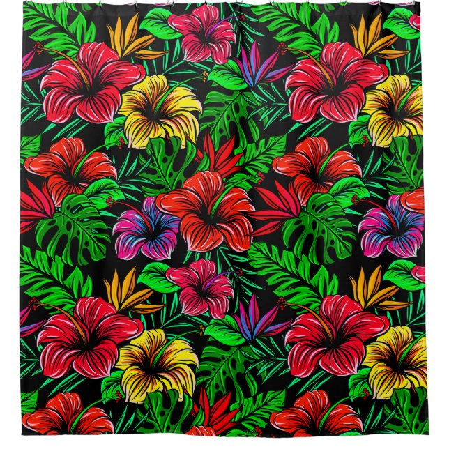 Tropical Red Yellow Pink Hibiscus Flower Shower Curtain (Front)