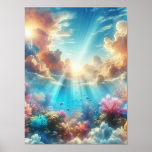 Tropical reef with sunbeams poster