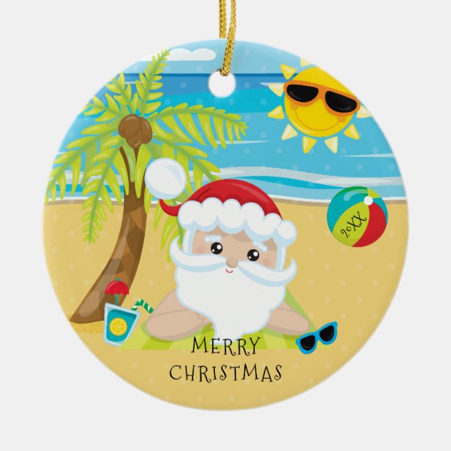 Tropical Relaxing Santa Hawaiian Christmas Ceramic Tree Decoration (Front)