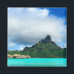 Tropical resort on Bora Bora square magnet<br><div class="desc">Square souvenir photo magnet with an overwater resort in the fantastic turquoise lagoon of Bora Bora with Mt. Otemanu in the background in French Polynesia near Tahiti. Great destination for a honeymoon!</div>