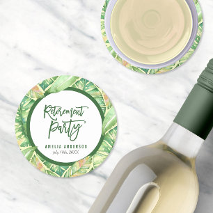 Tropical Retirement Party Green Watercolor Leaves Round Paper Coaster