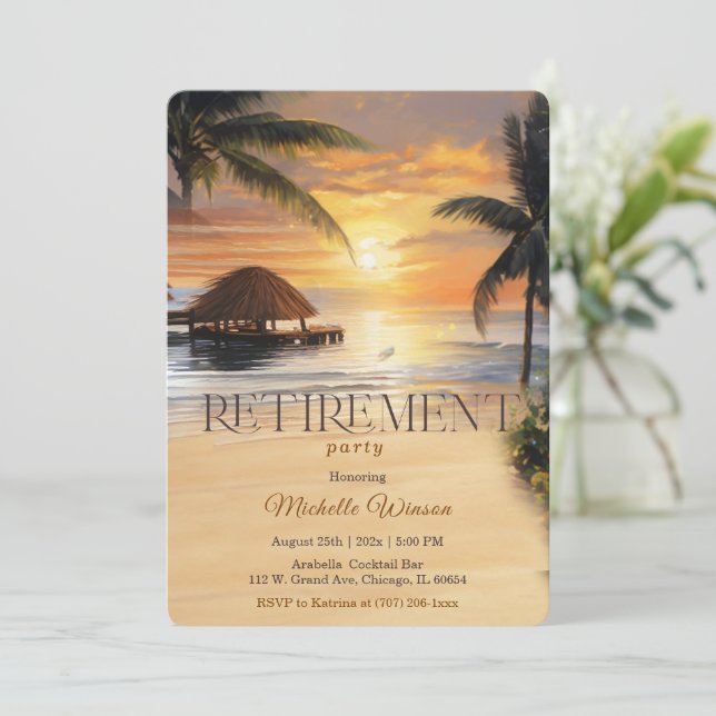  Tropical Retirement Party With Sunset Invitation (Standing Front)