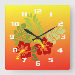 Tropical Retreat inspired Design Hibiscus & Sunset Square Wall Clock