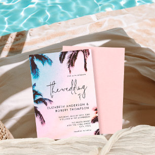 Tropical Retro Pink Palm Tree Summer Wedding Invitation