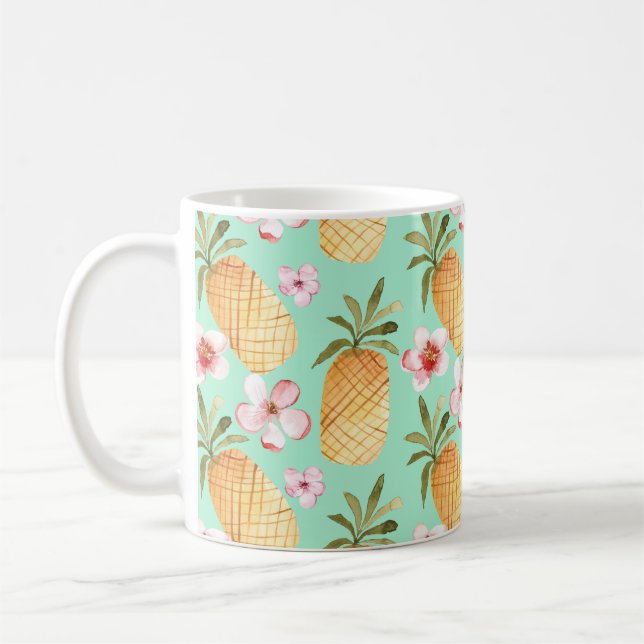 Tropical retro print on mint background coffee mug (Left)