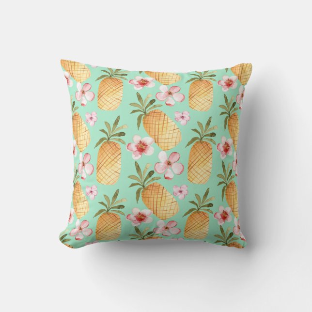 Tropical retro print on mint background cushion (Front)