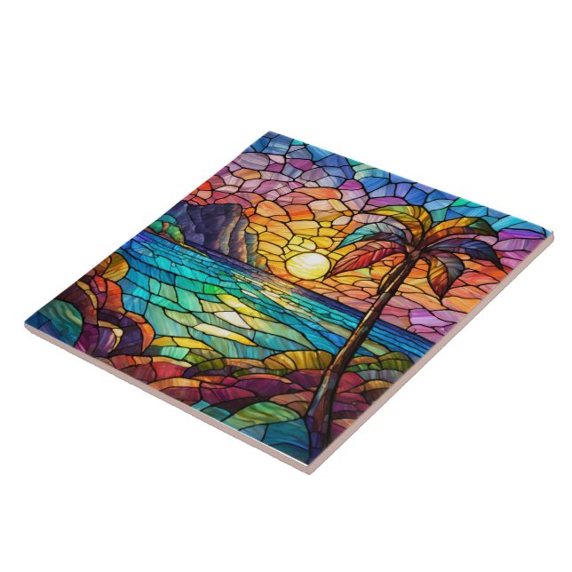 tropical rocky beach stained glass art tile (Side)