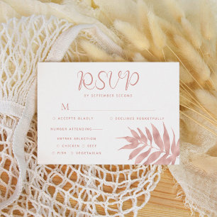 Tropical Rose Gold Leaf Modern White Wedding RSVP Card