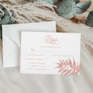 Tropical Rose Gold Leaf Modern White Wedding RSVP Card