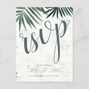 Tropical rustic palm leaf rsvp, watercolour invite postcard