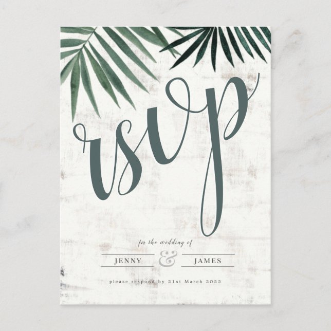 Tropical rustic palm leaf rsvp, watercolour invite postcard (Front)