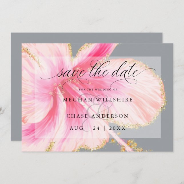 Tropical Rustic Watercolor Pink Flower Save The Date (Front/Back)