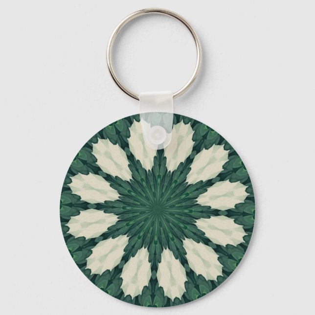 Tropical Sacramento Green and Silver Leaf Mandala. Key Ring (Front)
