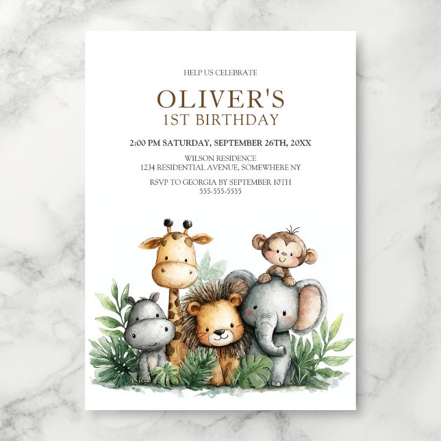 Tropical Safari Animals 1st Birthday Party Invitation (Creator Uploaded)