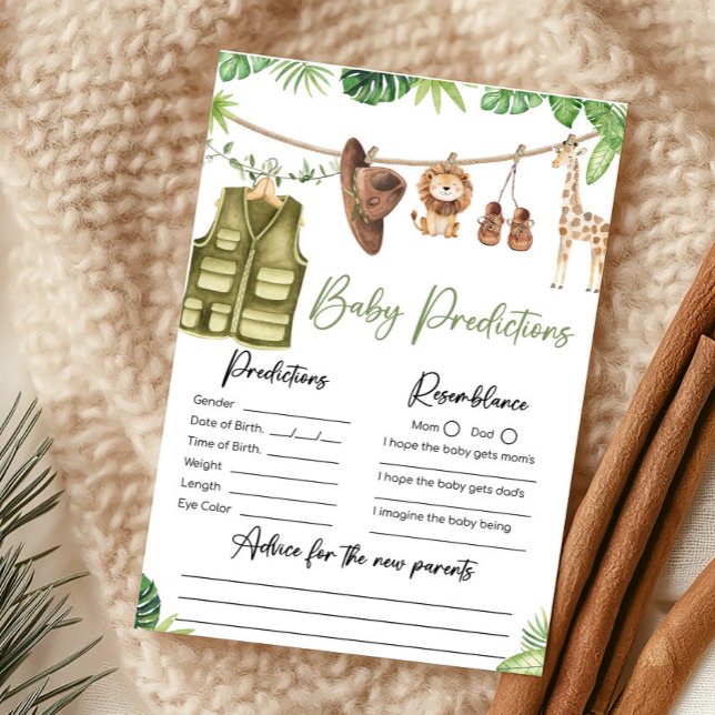 Tropical Safari Jungle Animals Baby Predictions (Clothesline Safari Baby Shower Baby Predictions Game)