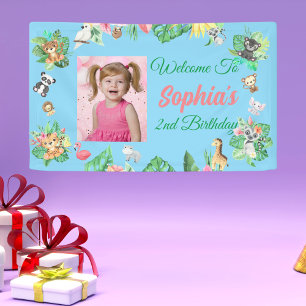 Tropical Safari Jungle Animals Kids Birthday Banner
