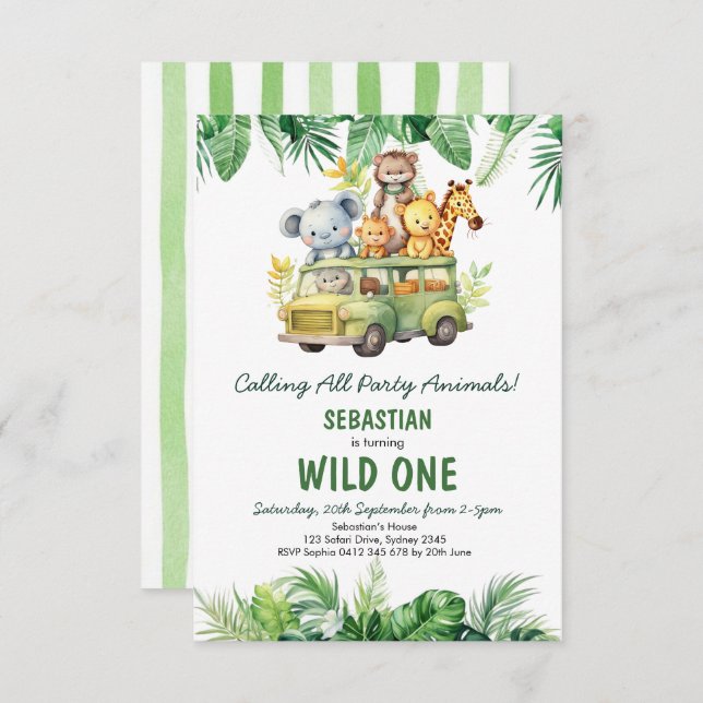 Tropical Safari Wild One Jungle Animals Birthday Invitation (Front/Back)