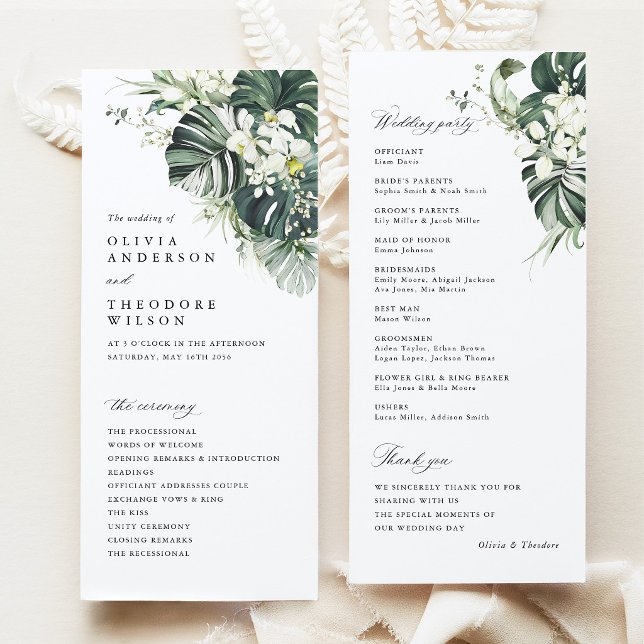 Tropical Sage Green Monstera Wedding Ceremony Programme (Tropical wedding ceremony program, monstera orchid wedding stationery, destination wedding program)