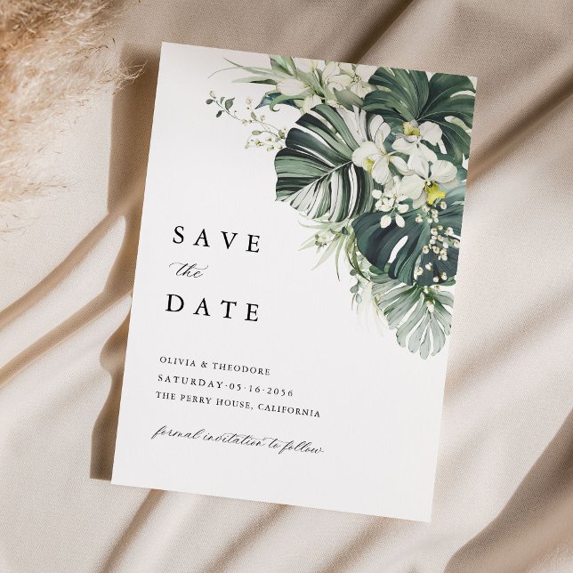 Tropical Sage Green Monstera Wedding Save The Date (Tropical save the date sage green monstera floral wedding card destination beach wedding stationery)
