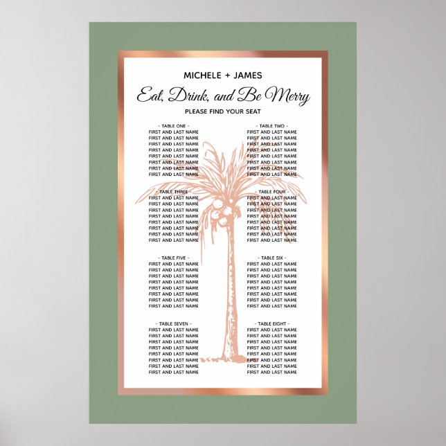 Tropical Sage Rose Gold Palm Wedding Seating Chart (Front)