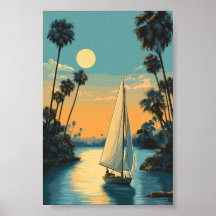 Tropical Sailboat Sunset - Palm Tree Lagoon Art