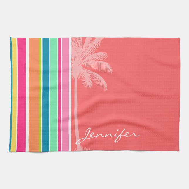 Tropical Salmon Pink & Seafoam Green Tea Towel (Horizontal)