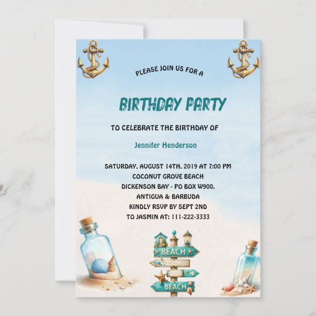 Tropical sand Beach Bottle Summer Birthday  Invitation (Front)