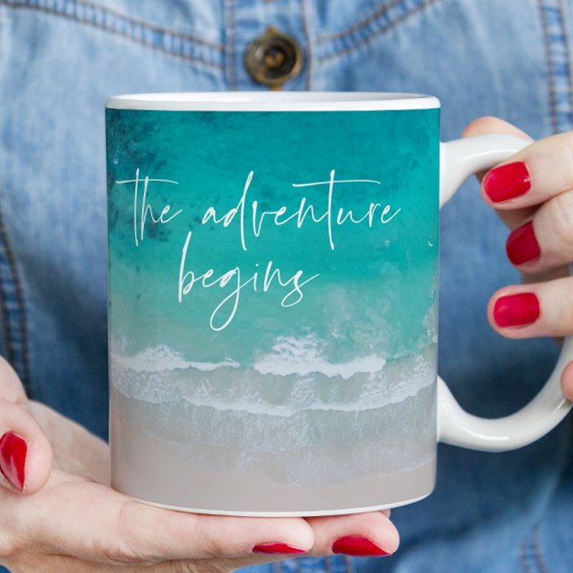 Tropical sand beach ocean personalised adventure coffee mug (Creator Uploaded)